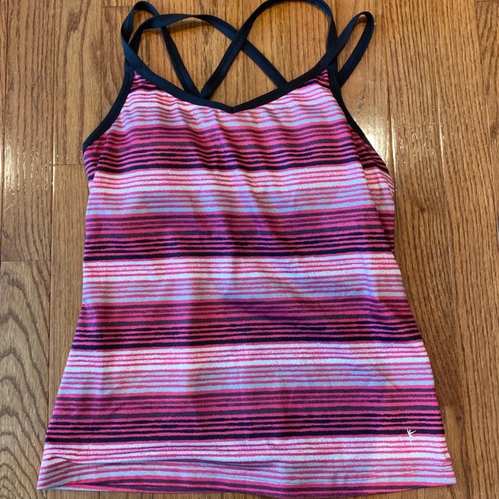 danskin now pink white gray black striped tank top